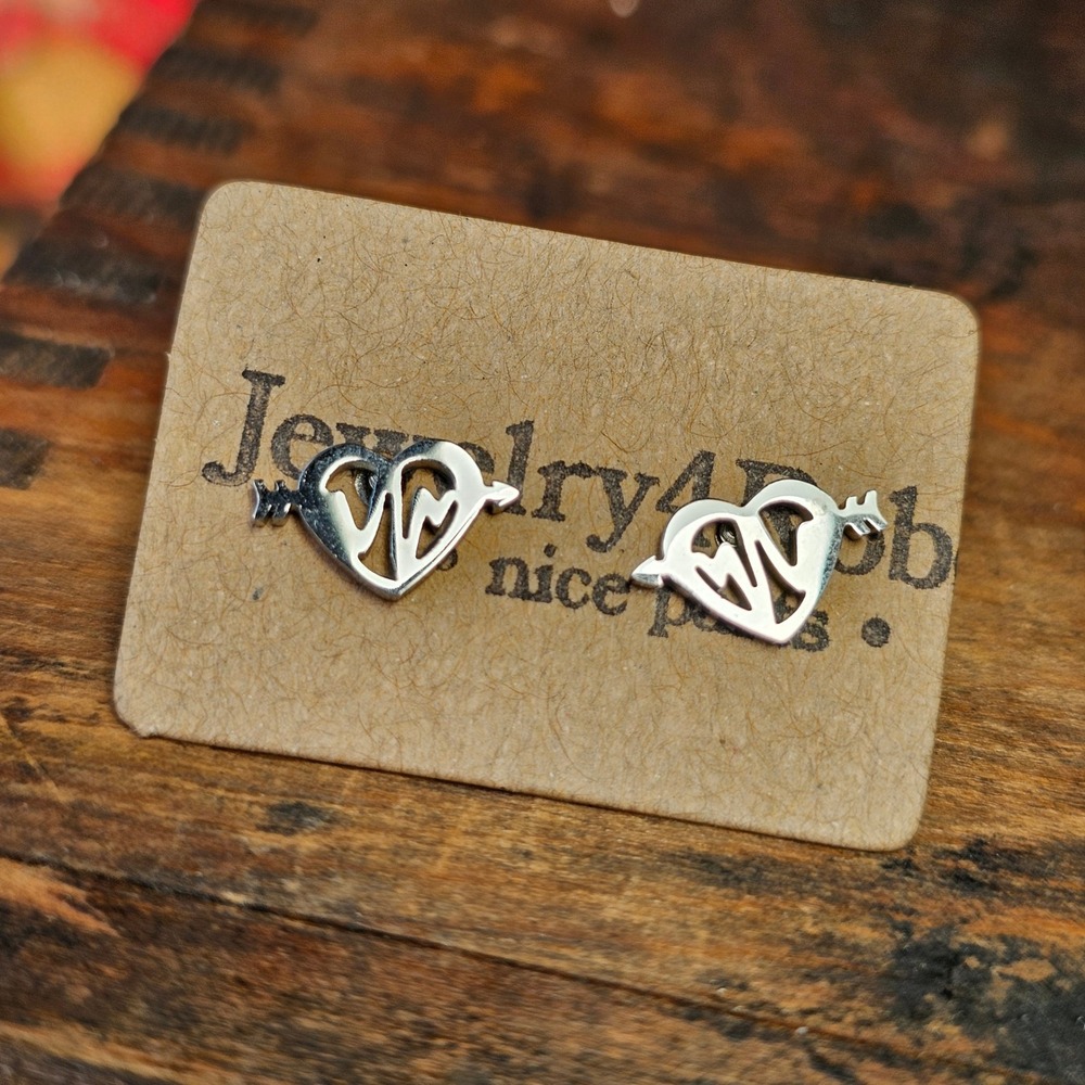 Silver Heart EKG Stud Earrings Women OS Cupid Arrow Stainless Steel